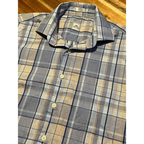 Peter Millar Shirt‎ Mens Medium Blue Tan Plaid Button Long Sleeve Gingham EUC - Picture 2 of 5